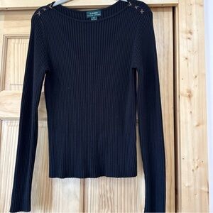 Lauren Ralph Lauren LOGO Top Women XL Black 100% Cotton Ribbed w/ Leather Accent